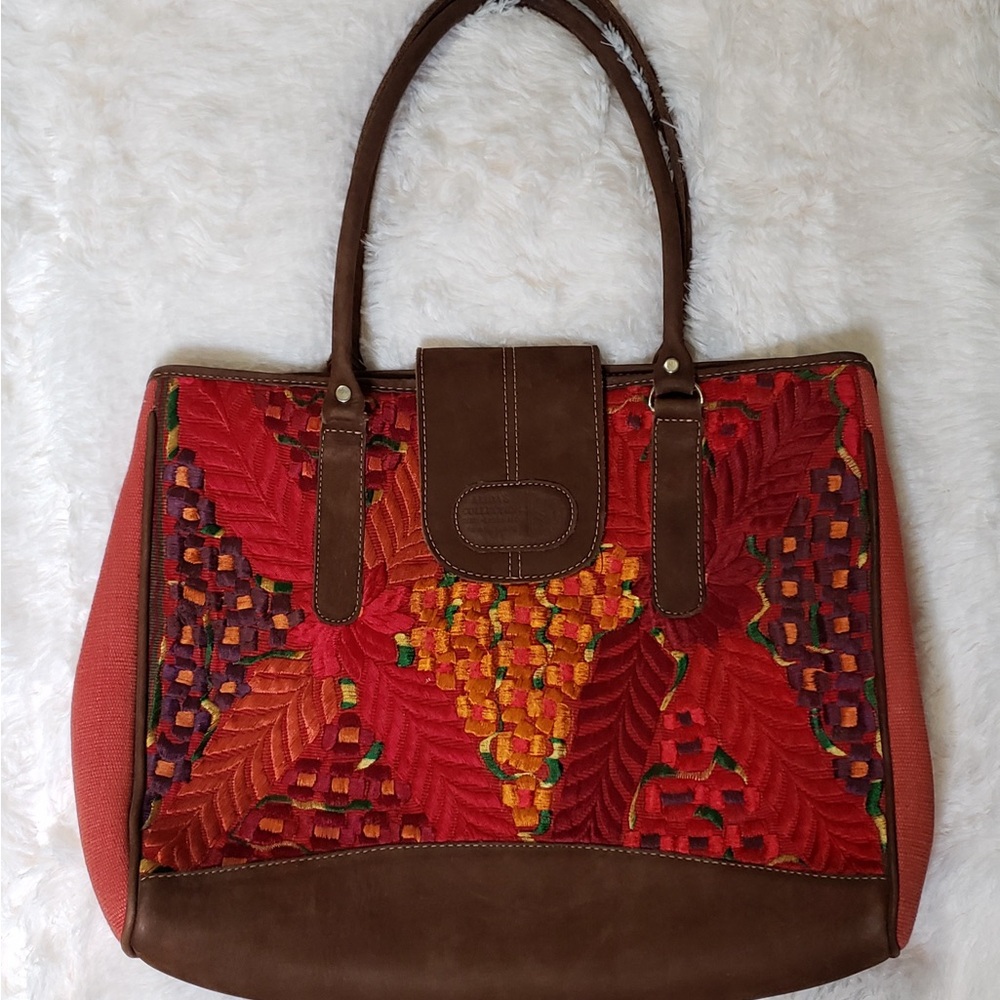 Guatemalan Large Hand Woven Artisan Bohemian Mayan Handbag Leather Trim